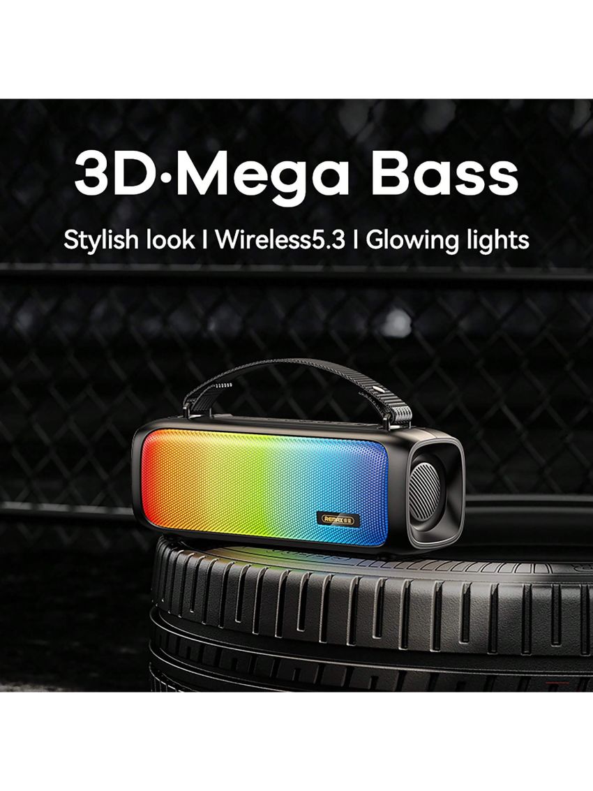 Remax Wireless Portable Outdoor Speaker,2-speaker interconnection for 3D surround sound,Waterfall light Mode,BT/AUX/USB/FM Play Modes,Colorful RGB,HiFi Playback,7H Play Time,Suitable For Travel, Camping, Party,FCC&CE Certification,Black