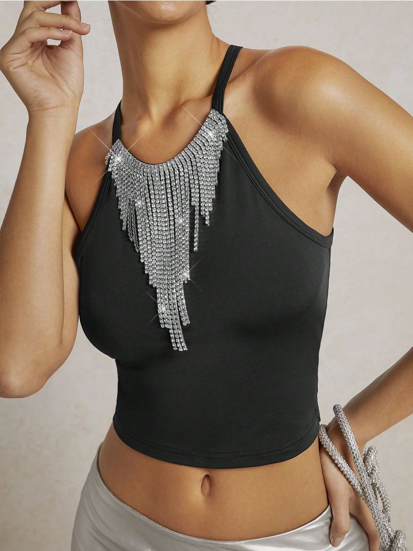 KUNSHENG Rhinestone Fringe Trim Crop Halter Top