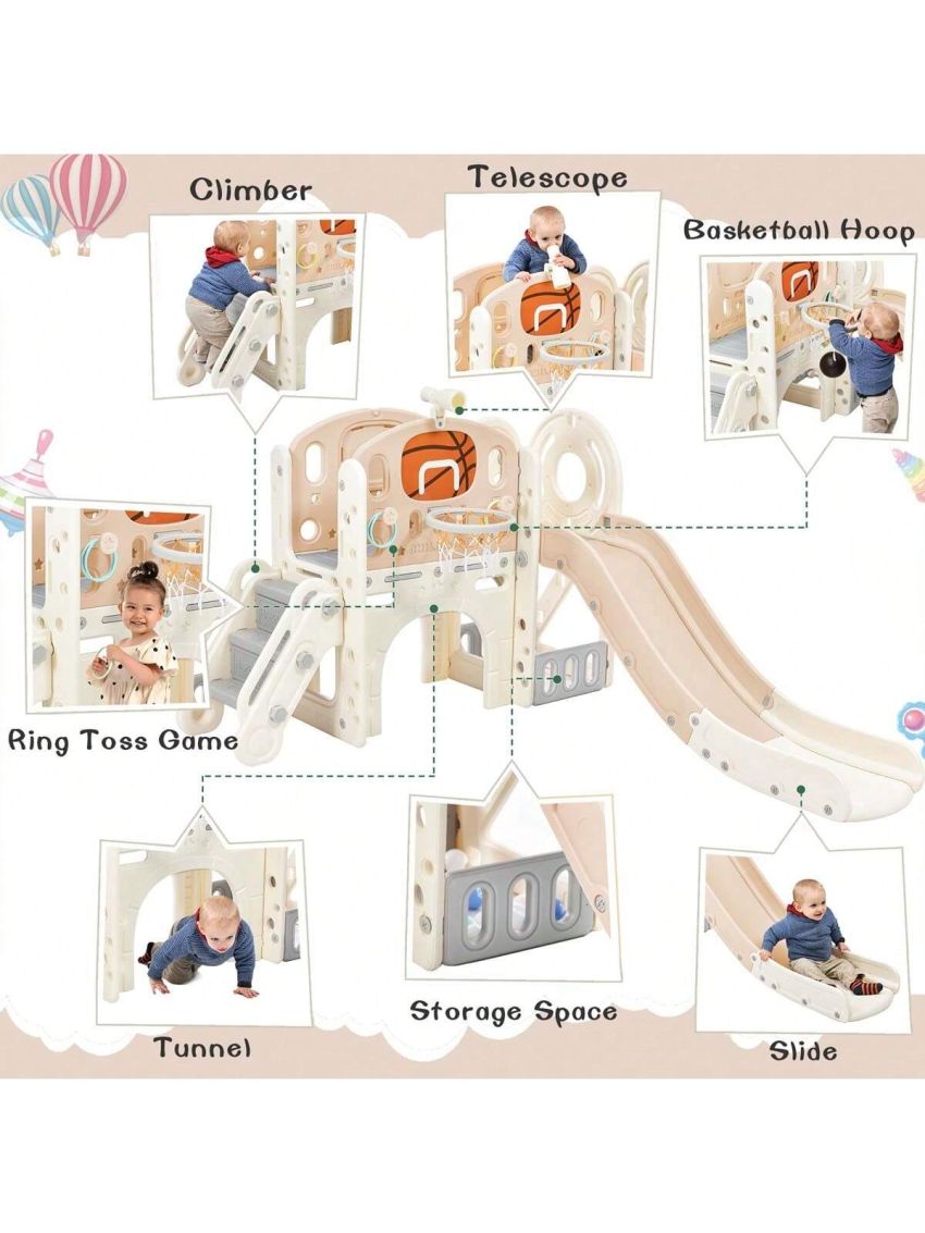 Merax Kids Slide Playset Structure, Freestanding Castle Climbing Crawling Playhouse with Slide, Arch Tunnel, Ring Toss, and Basketball Hoop, Toy Storage Organizer for Toddlers, Kids Climbers Playground