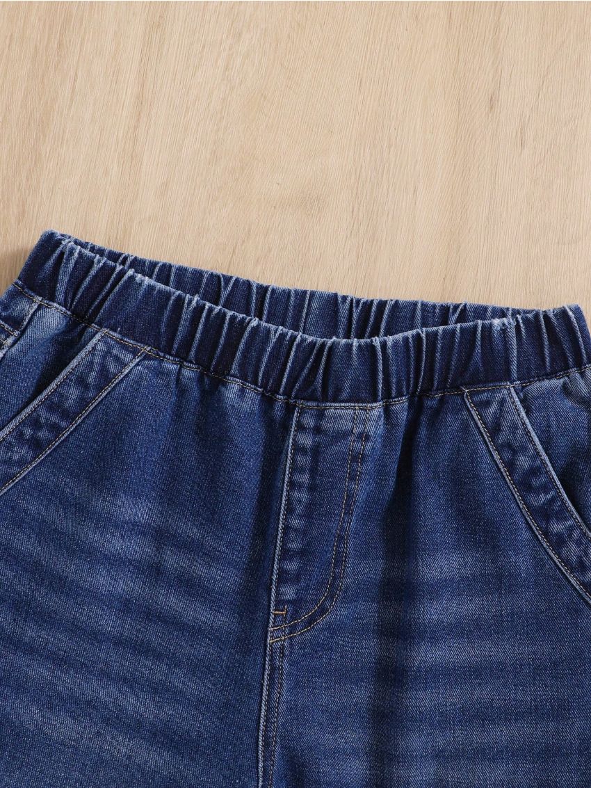 SHEIN Teen Boy's Cargo Denim Pants With Side Pockets, Washed, Elastic Waist, Comfortable Fit, Slim Fit