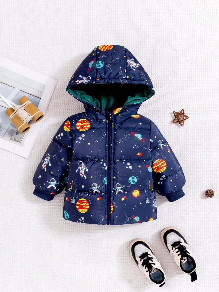 Toddler Boys' Space Print Hooded Down Jacket With Zipper