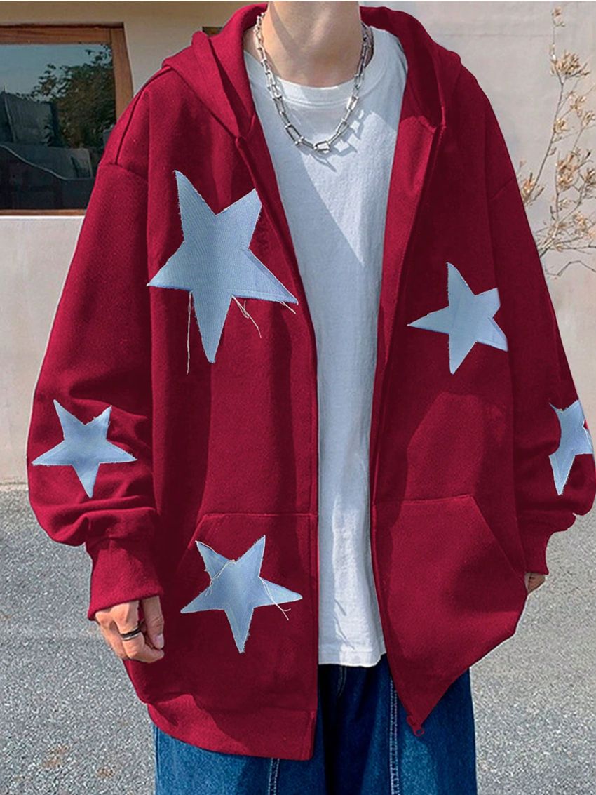 Manfinity Hypemode Men's Zipper Hooded Sweatshirt With Star Pattern Print