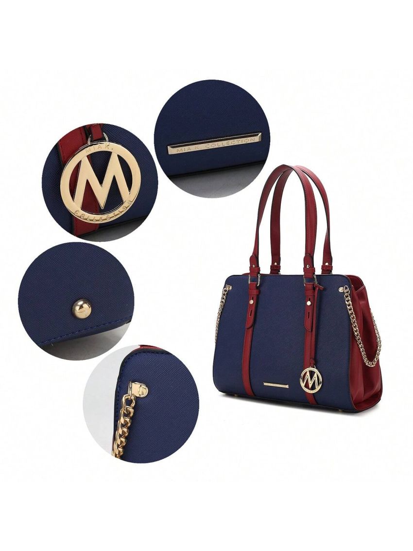 Amy Color Block Vegan Leather Womens Tote Bag  Lightweight Shoulder Handbag, Simple Work Bag