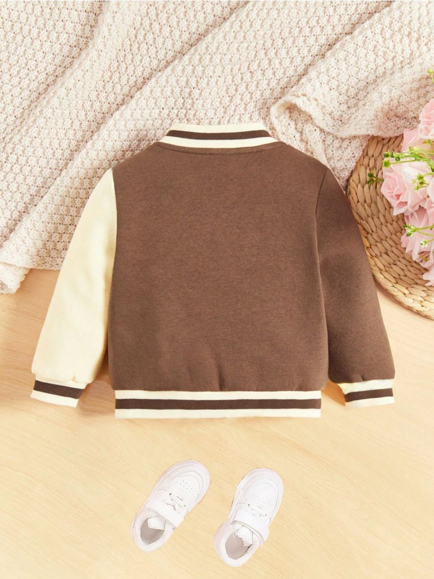 SHEIN Baby Girls' Casual Color Block Fleece Baseball Jacket With Letter Patches