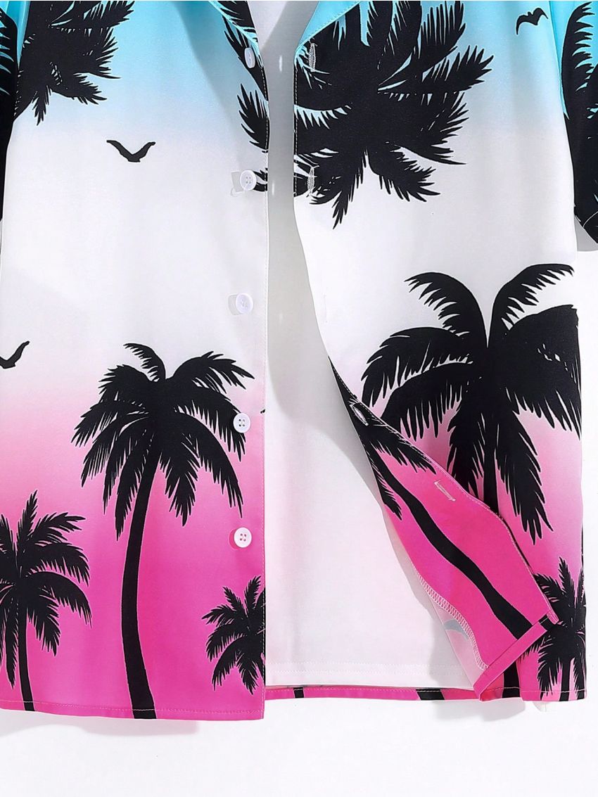 SHEIN Boys' Vacation Coconut Tree Printed Collared Loose Woven Shirt