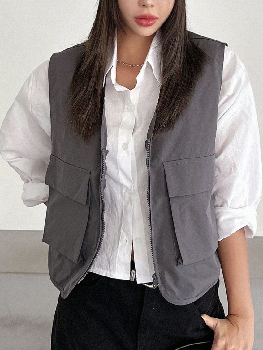 DAZY Flap Pocket Zipper Vest Jacket Without Blouse