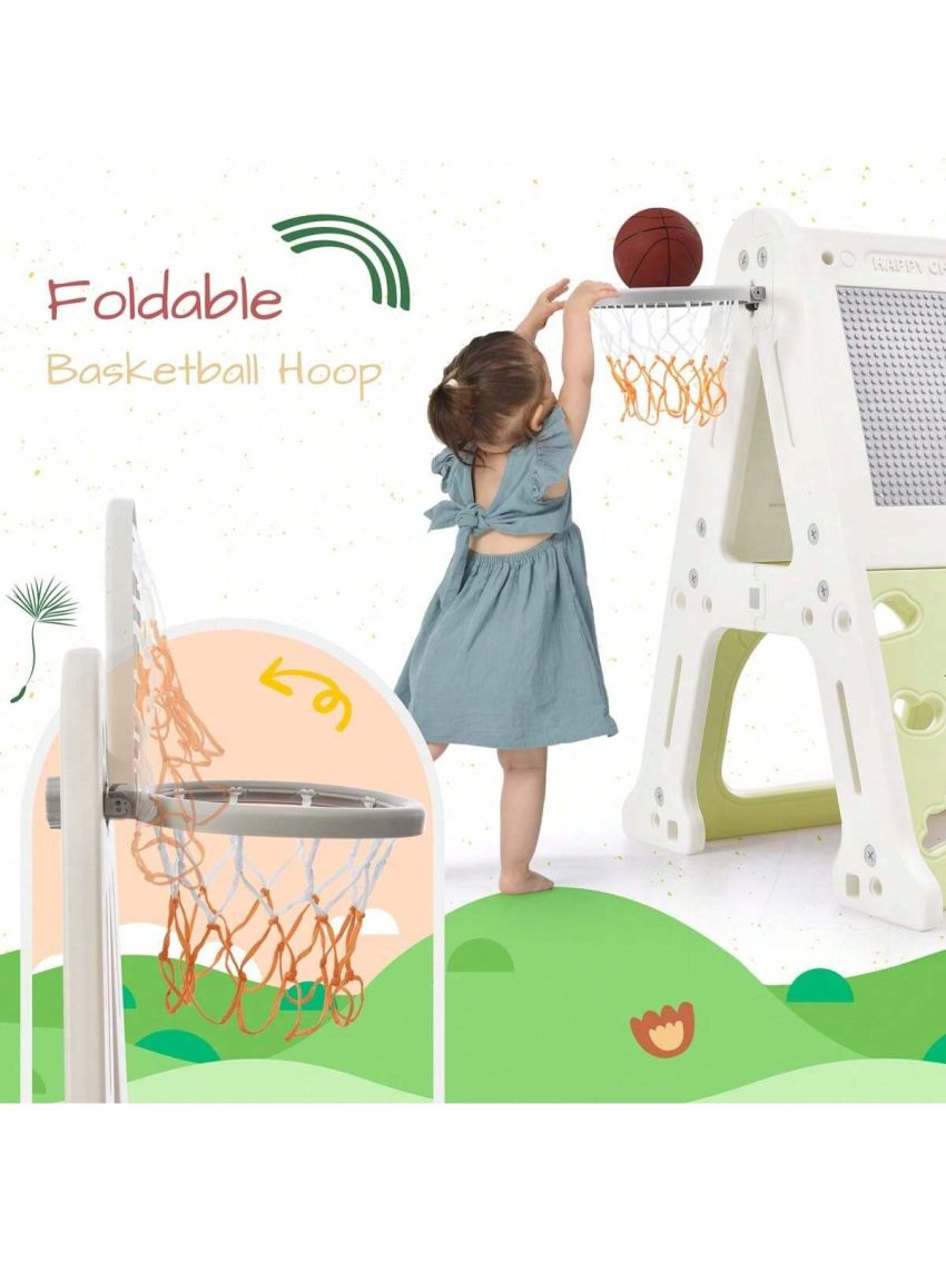 Merax 5-in-1 Toddler Climber Basketball Hoop Set Kids Playground Climber Playset with Tunnel, Climber, Whiteboard,Toy Building Block Baseplates, Combination for Babies