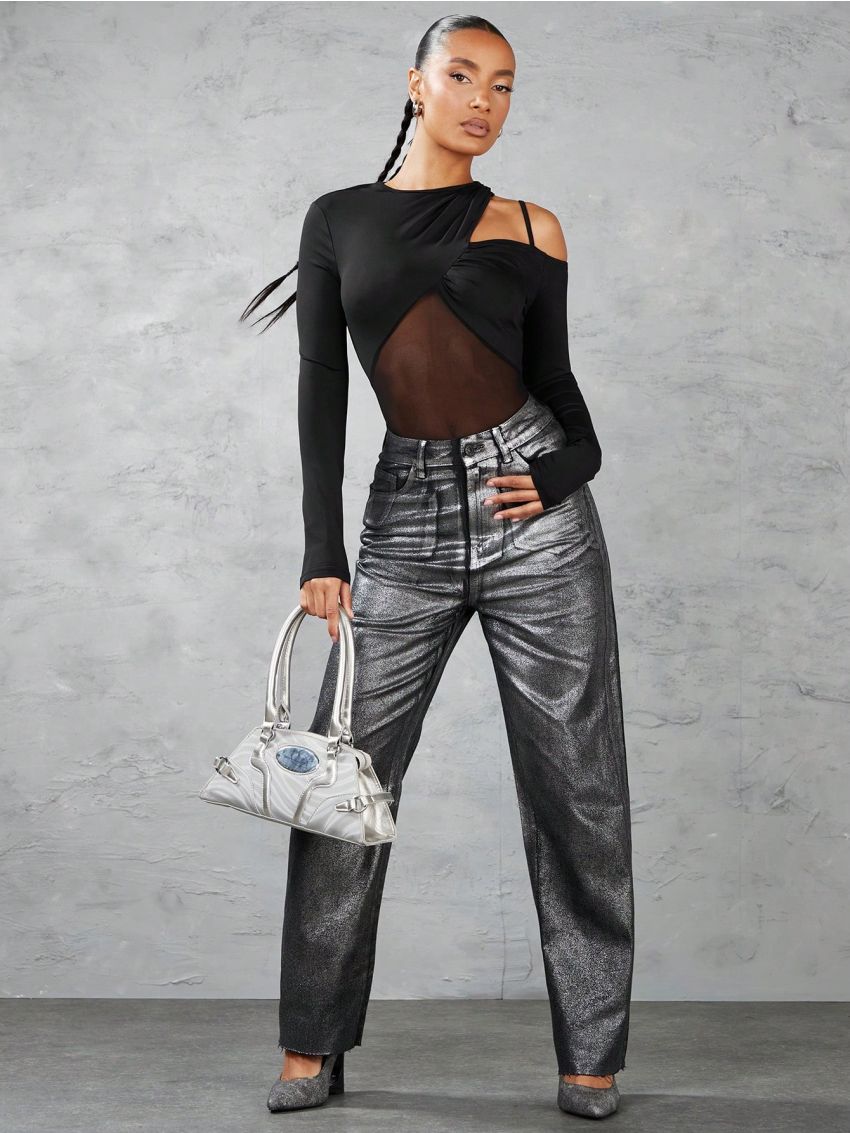 SHEIN BAE Women's Irregular Shoulder Cutout Mesh Splice Bodysuit, Slim Fit