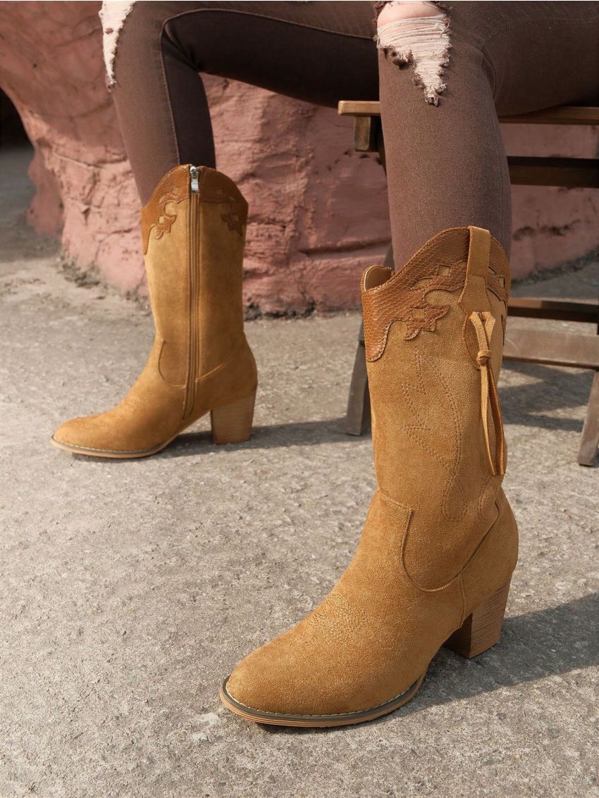 Styleloop Women's Fashionable Western Style Chunky Heel Knee High Boots