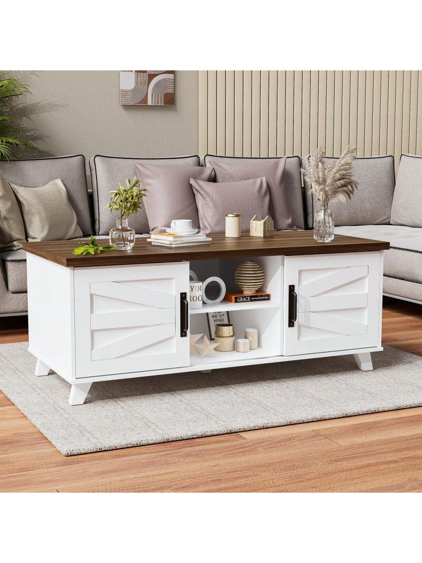 Farmhouse Coffee Table with Sliding Barn Doors & Storage, Modern Center Table Industrial Rectangular Cocktail Table with Adjustable Shelves for Living Room, White