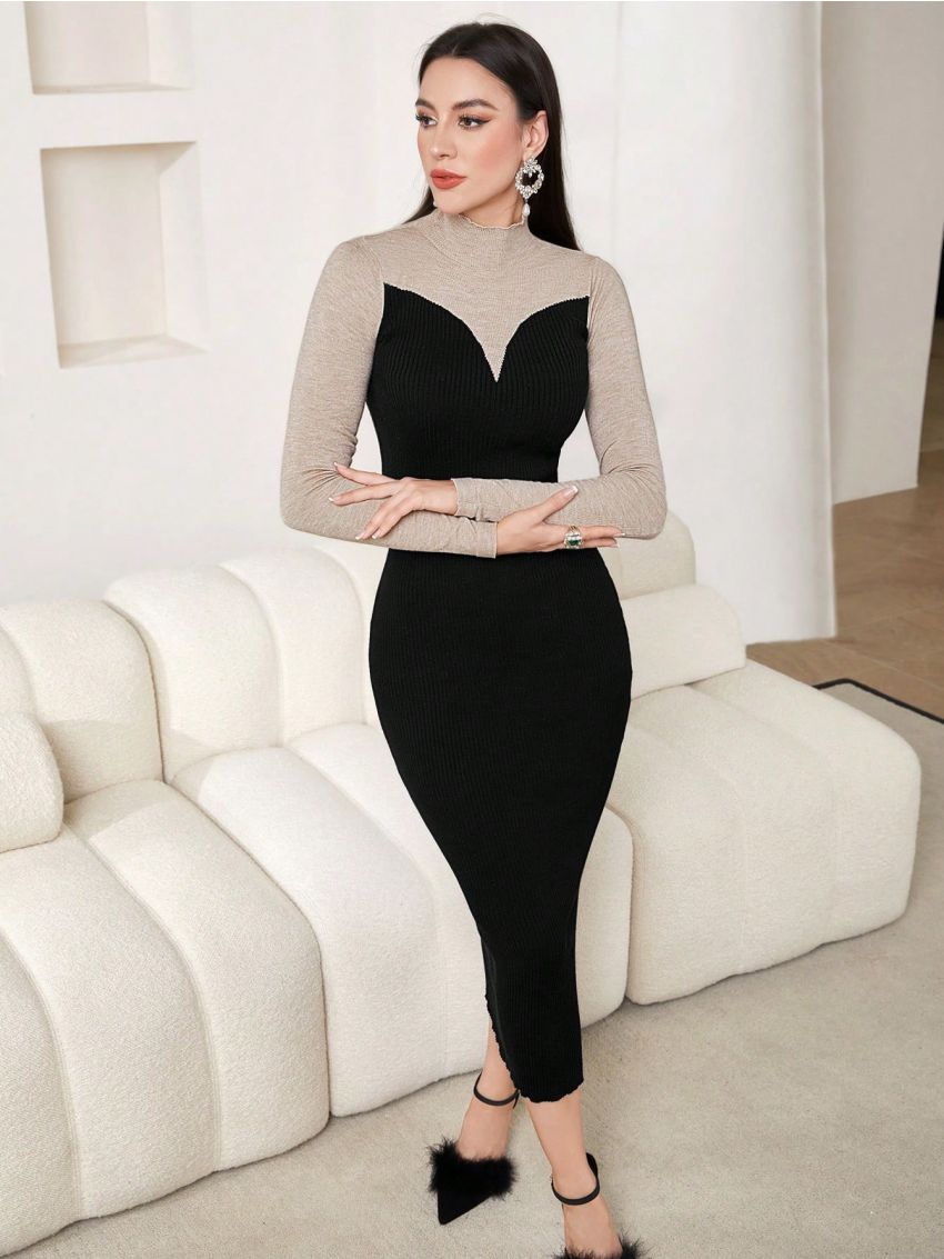 SHEIN Modely Color Blocked Long Sleeve High Neck Bodycon Sweater Dress