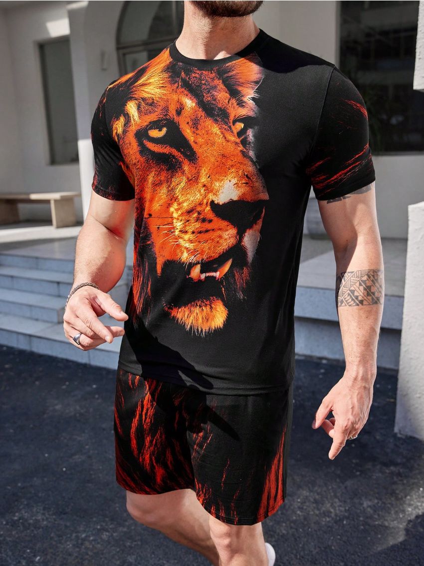 Manfinity LEGND Men's Lion Print T-shirt And Shorts Set