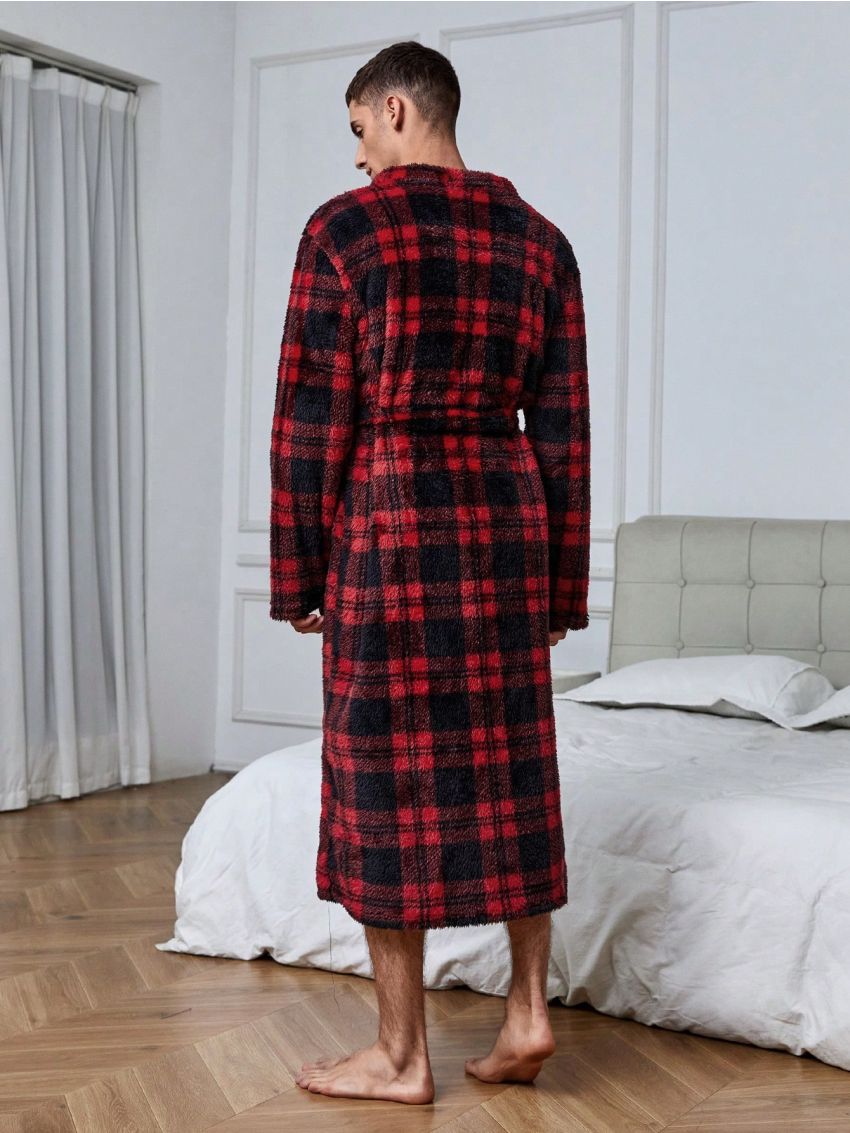 Men's Loose Plaid Flannel Bathrobe, Lounge Wear