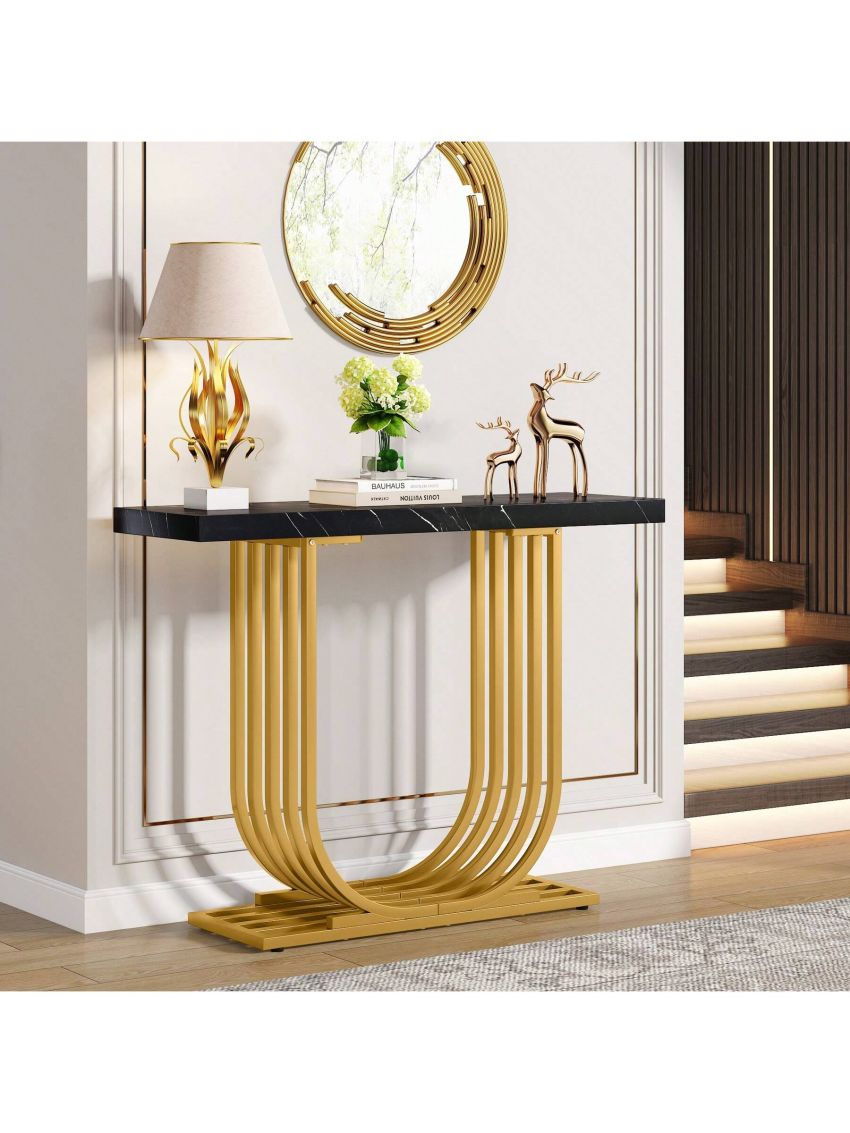 Tribesigns Modern Console Table with Gold Base, 39.4 Inch Faux Marble Veneer Entryway Table, Narrow Sofa Accent Table with Geometric Metal Legs for Living Room, Hallway