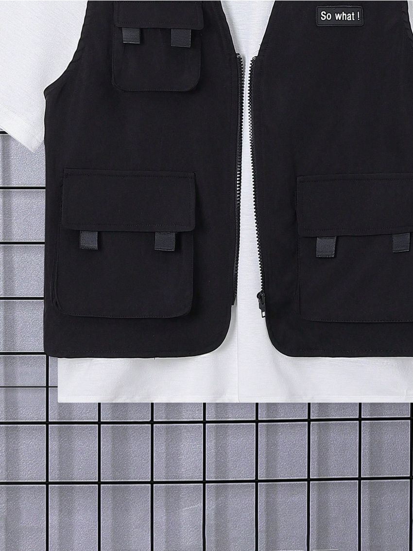 SHEIN Teenage Boys' Casual Utility Vest With Multiple Pockets, Sleeveless