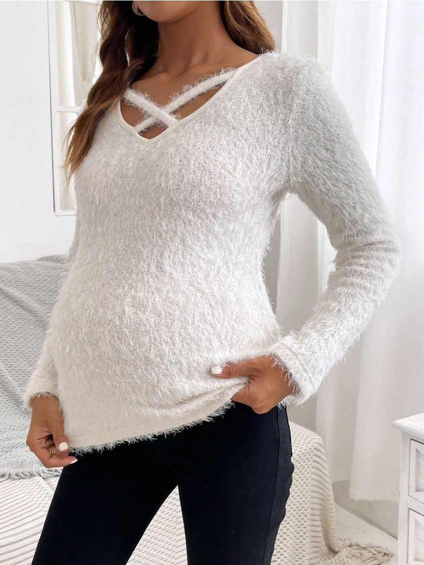 SHEIN Pregnant Women'S Cross V-Neck Plush T-Shirt