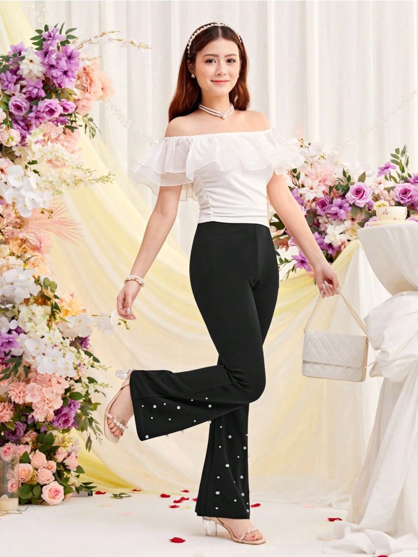 SHEIN Teen Girl Knitted Monochrome Flared Pants With Studded Embellishments