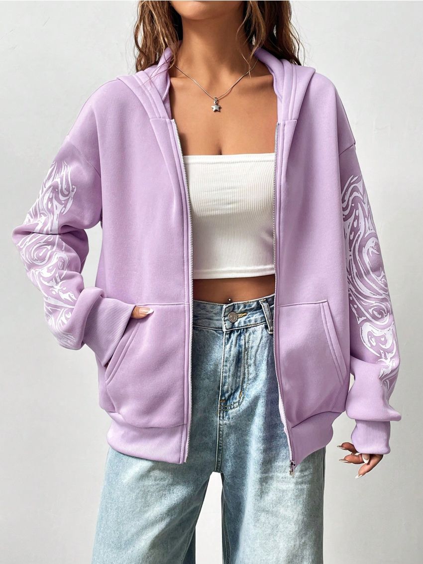 Printed Hooded Zipper Sweatshirt