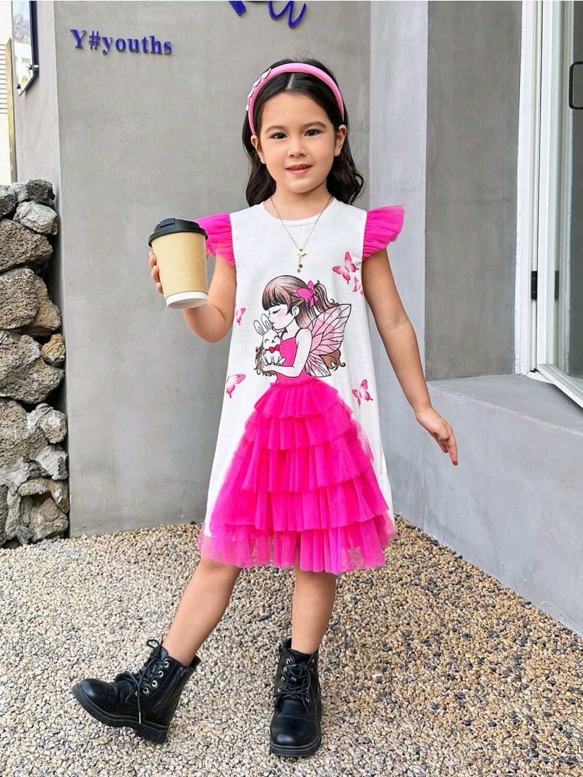 SHEIN Kids Y2Kool Young Girls' Sporty & Sweet Knitted Cartoon Character Printed Mesh Patchwork Cap Sleeve Dress, For Spring/Summer