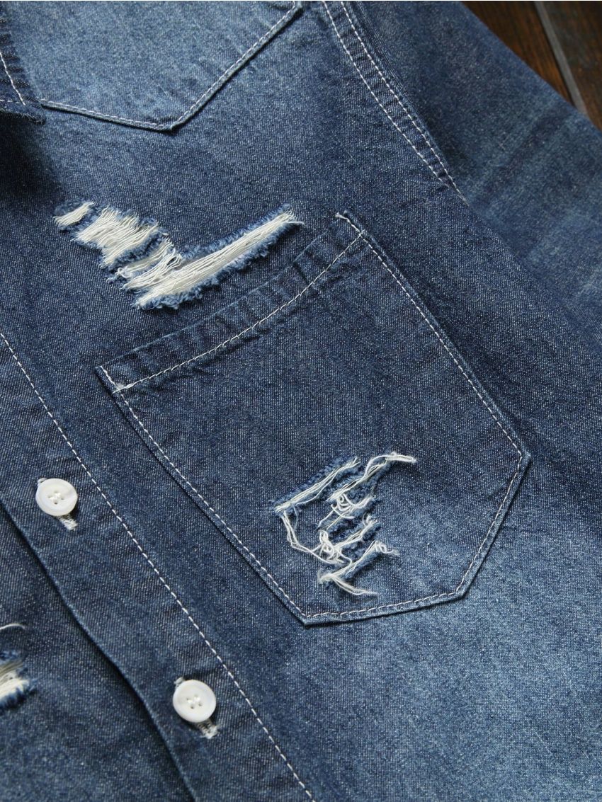 Men Ripped Frayed Denim Shirt Without Tee