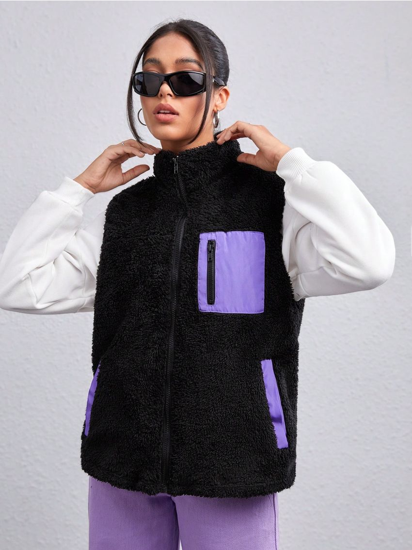 SHEIN Men 1pc Zip Up Pocket Patched Teddy Vest