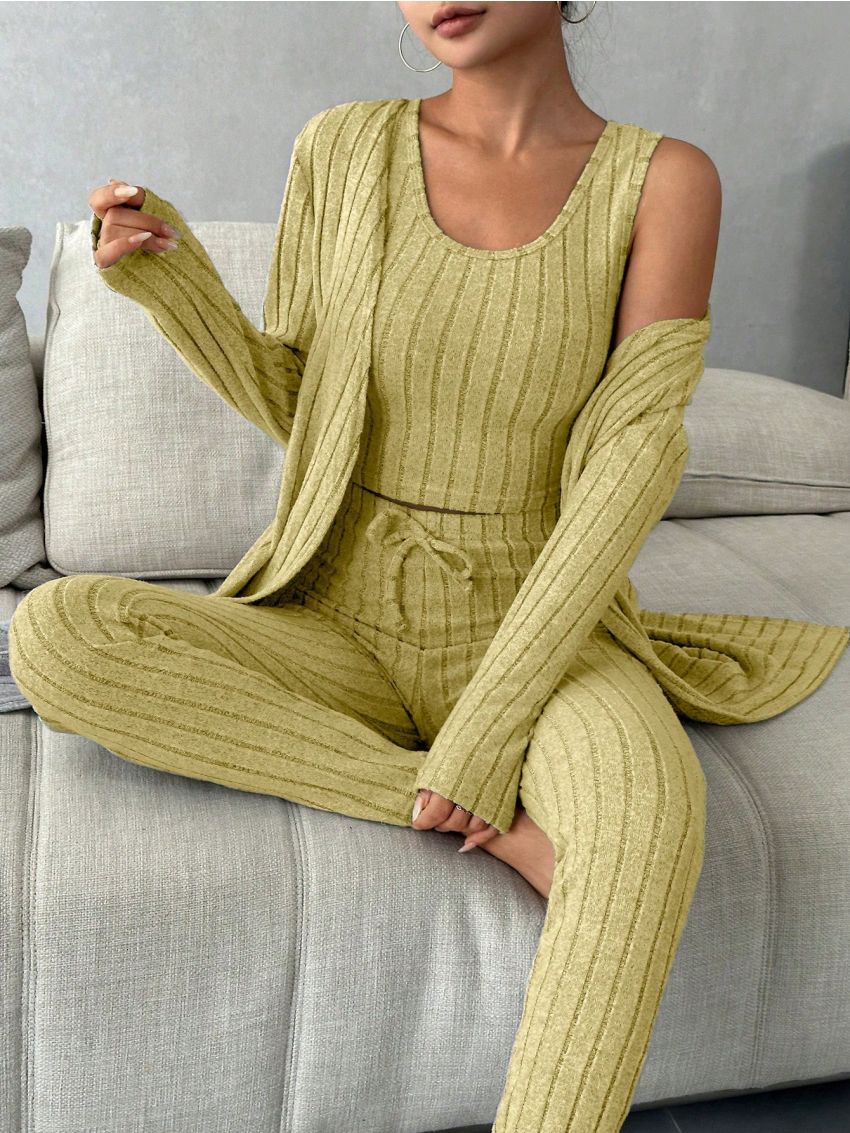 Women'S Long Sleeve Ribbed Cardigan And Vest With Belted High Waisted Pants Outfit