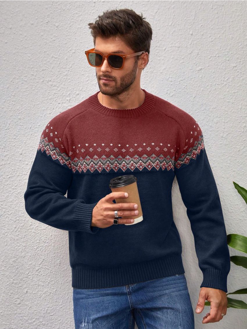 Manfinity Men's Color Block Geometric Pattern Raglan Sleeve Sweater