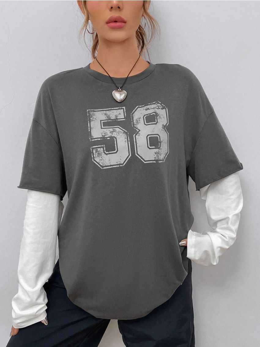 SHEIN EZwear Letter Graphic Drop Shoulder 2 In 1 Tee