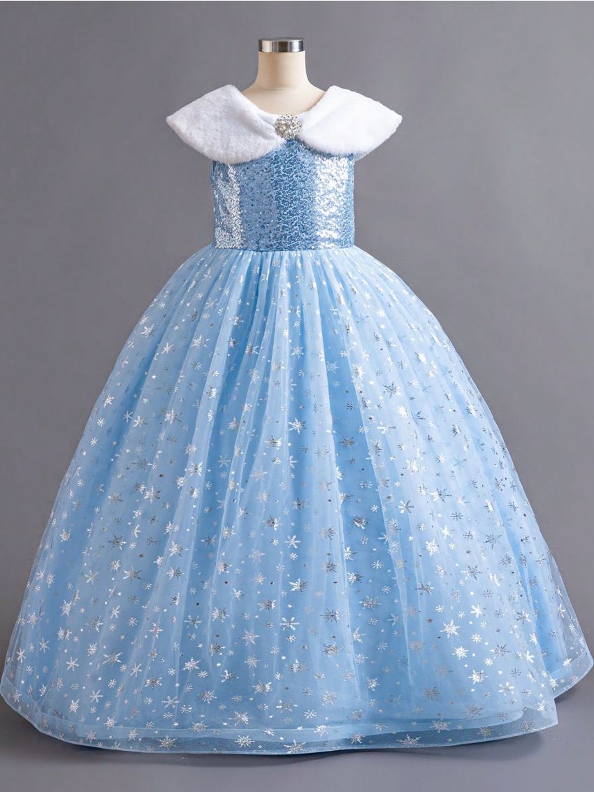 Tween Girls' Sparkly Mesh Fuzzy Waterfall Collar Dress With Rhinestone Embellishment