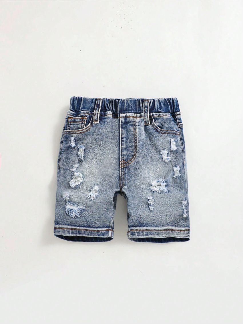 SHEIN Little Boys' Elastic Waist Asymmetric Ripped Denim Shorts