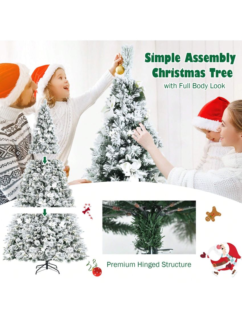 Costway 8ft Snow Flocked Hinged Christmas Tree w/ Berries & Poinsettia Flowers