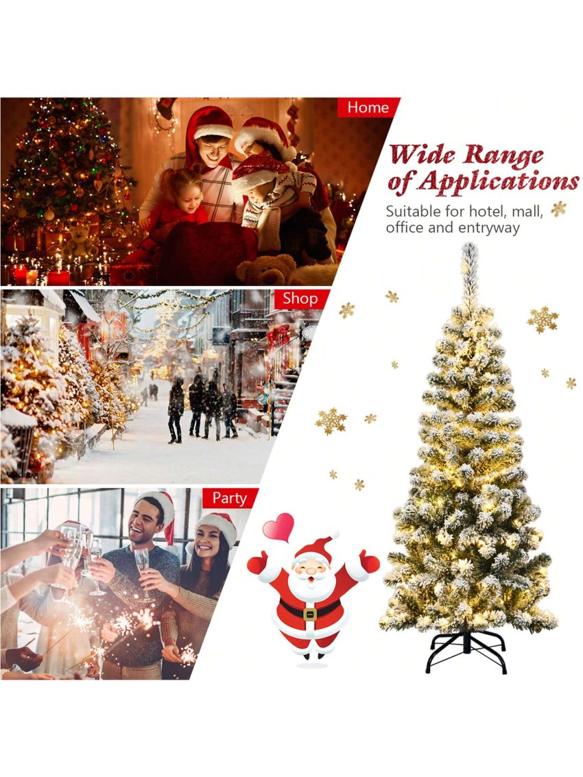 Gymax 4.5ft Pre-lit Pencil Snow Flocked Pencil Christmas Tree Holiday Decoration