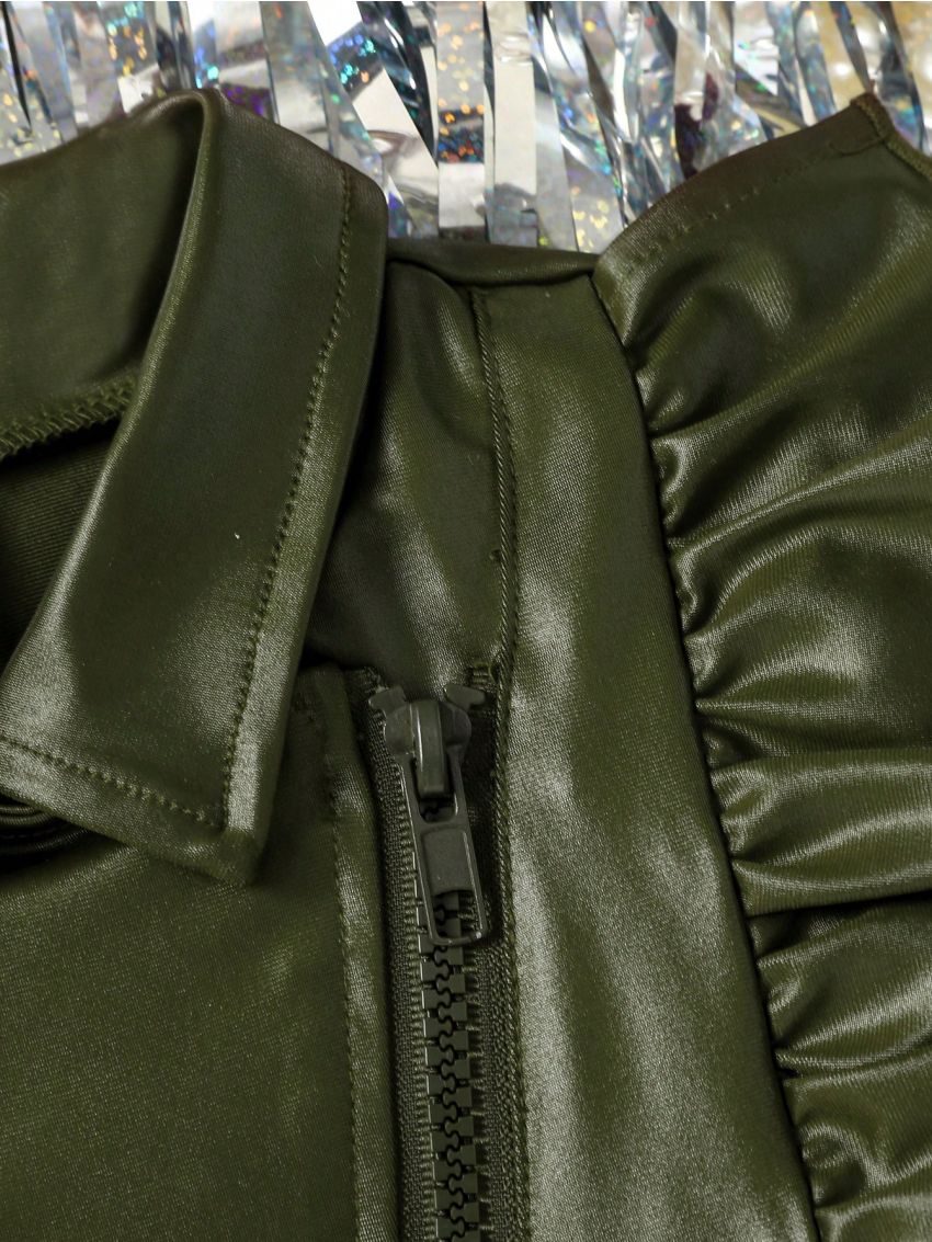 Baby Girls' Coated Jacket With Slanted Zipper, Ruffle Hem And Lapel