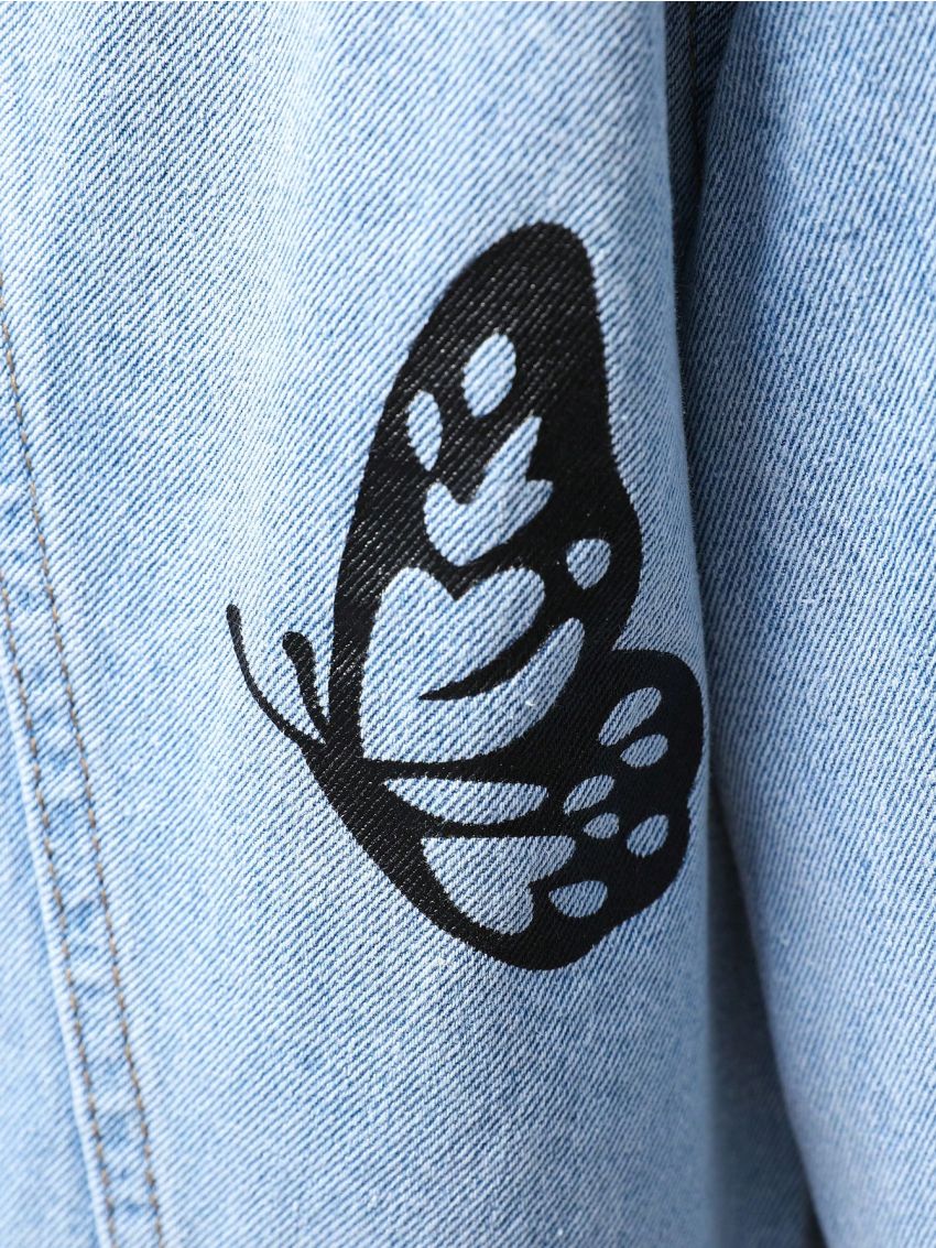 Teen Girl Floral & Slogan Graphic Flap Pocket Denim Jacket