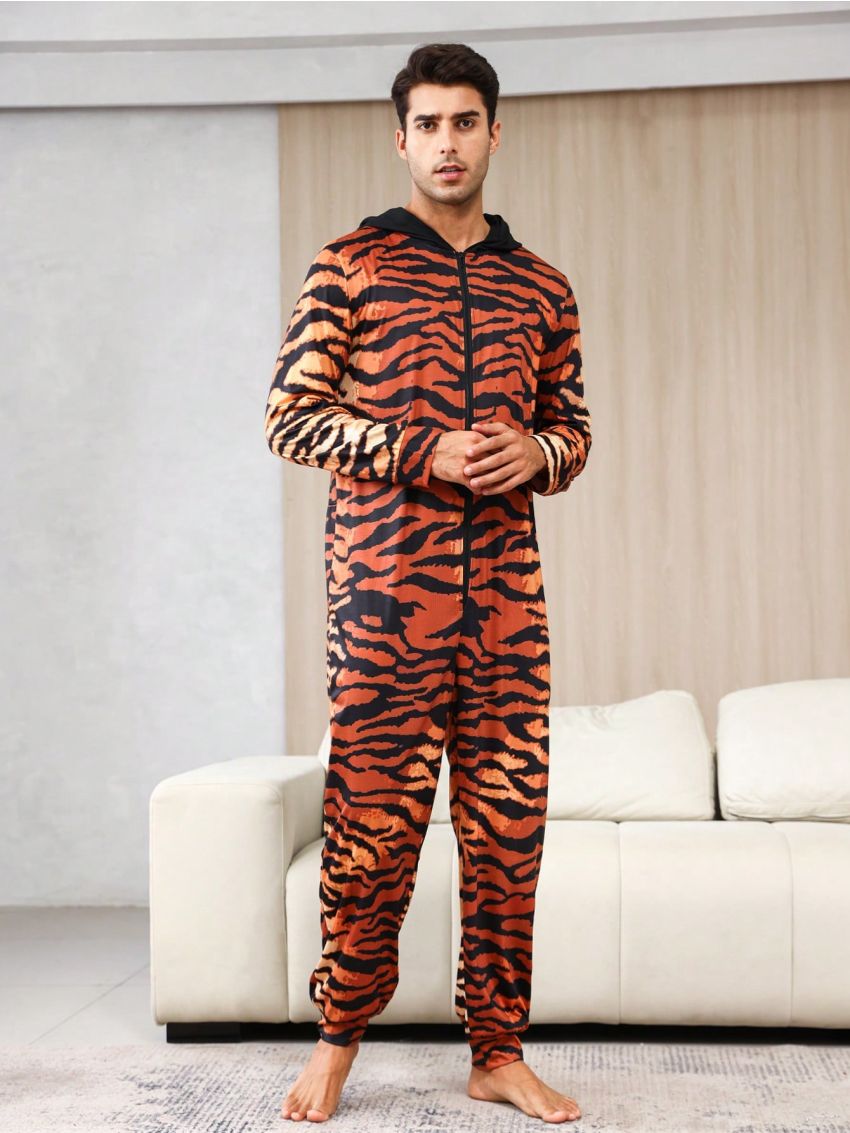 Men's Tiger Striped Zipper Hooded Homewear Jumpsuit