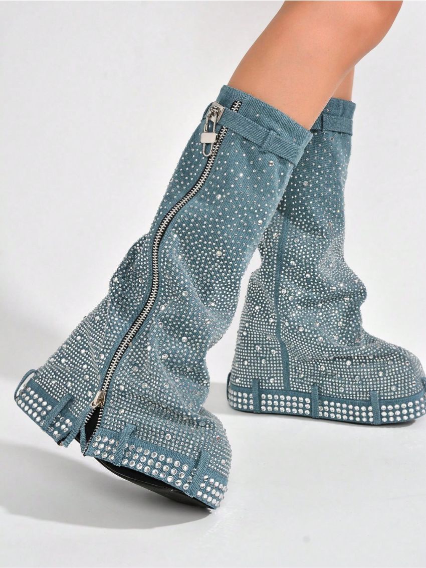 Kastel Denim Rhinestone Rainbow Platform Boots