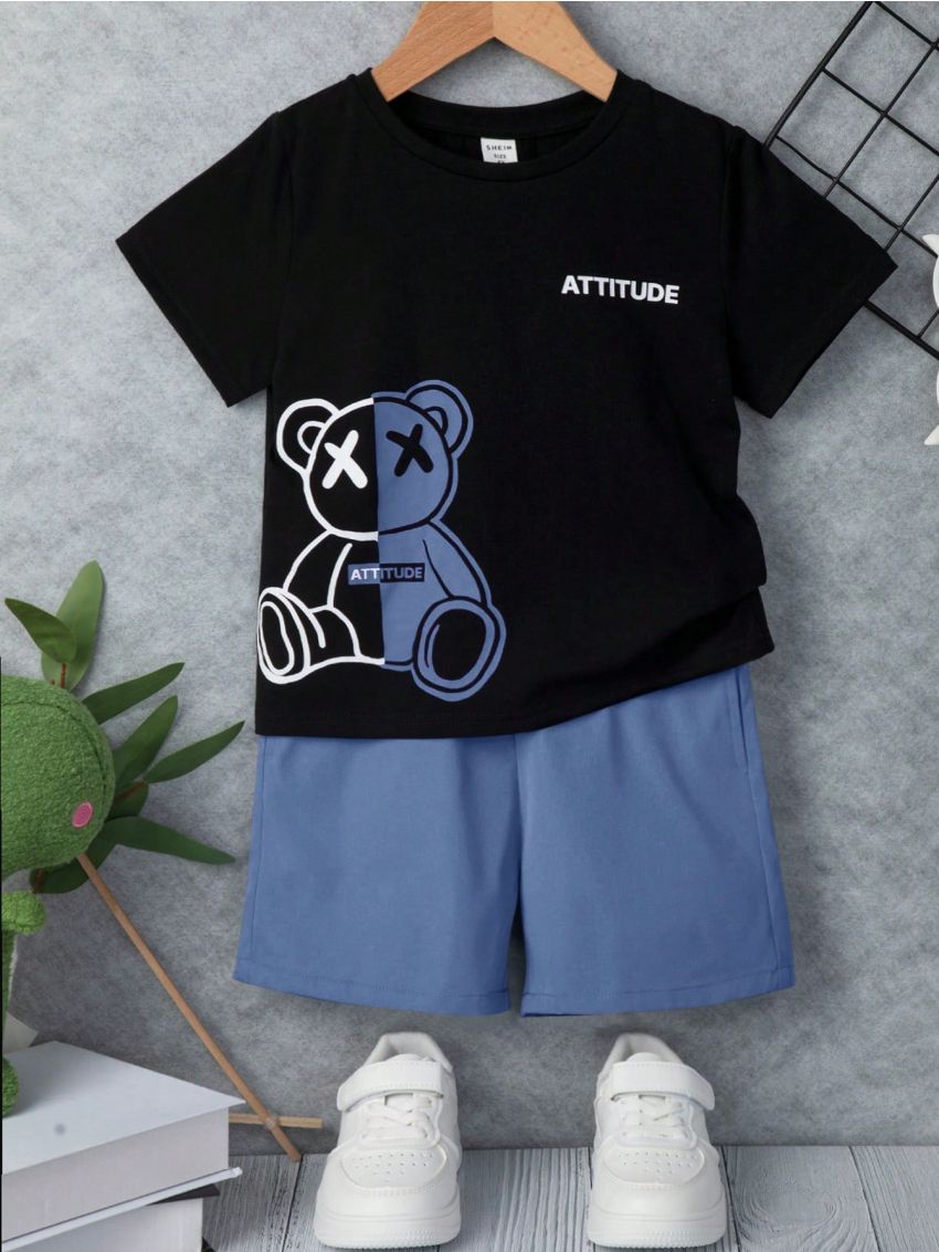 SHEIN Kids QTFun Young Boys' Cartoon Bear And Letter Pattern Short Sleeve T-Shirt And Shorts, Casual And Comfortable Set