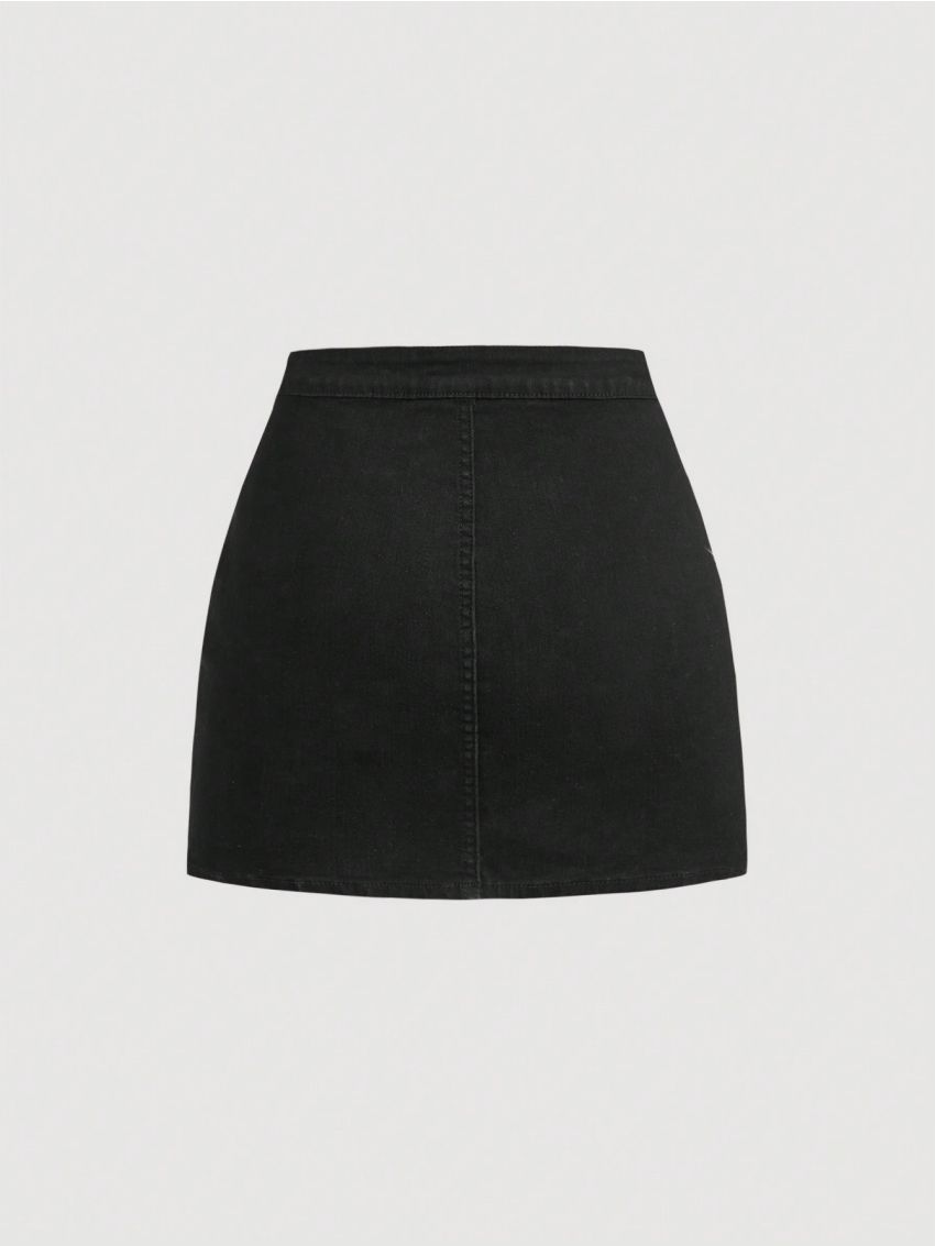 SHEIN Teen Girls' Solid Color Zip-Front Denim Skirt