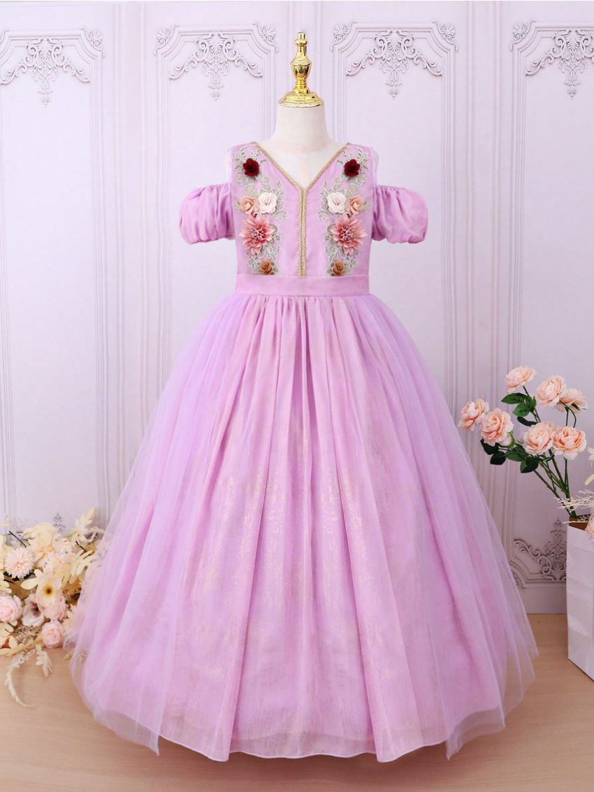 Tween Girls' Romantic Lavender Off-The-Shoulder Lace Maxi Dress, Suitable For Parties, Performances And Other Occasions. (Summer)