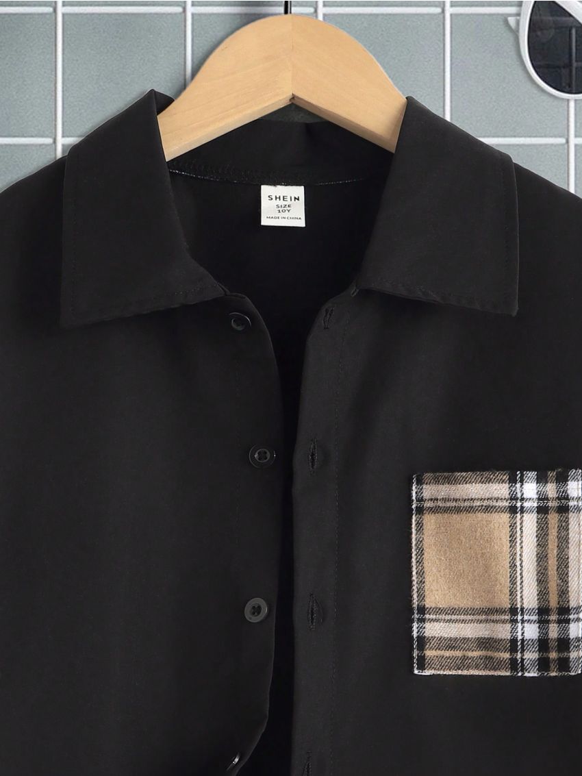 SHEIN Tween Boys' Plaid Patchwork Long Sleeve Shirt