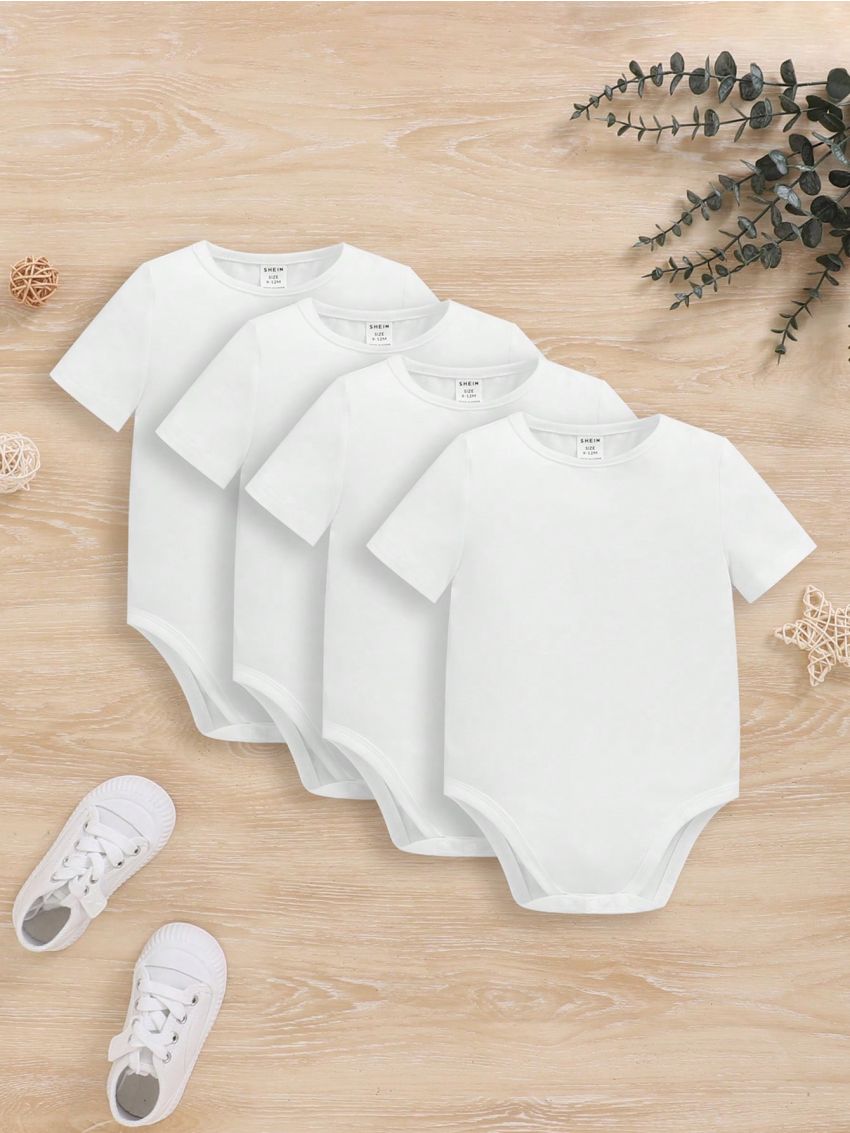 SHEIN Newborn Baby Boy 4pcs Knitted Soft Round Neck Short Sleeve Bodysuit