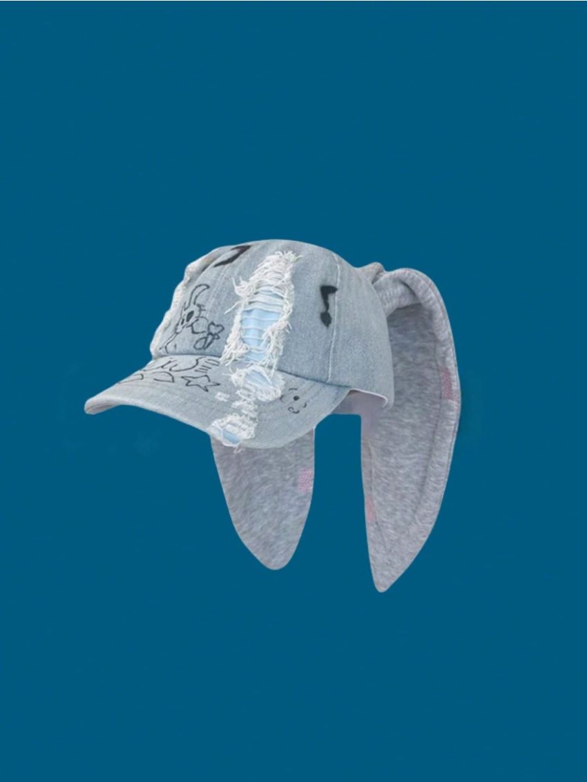 1pc Rabbit Ear Design Denim Baseball Cap With Washed Graffiti, Streetwear Trendy Distressed Hat For Dancing, Hong Kong Style