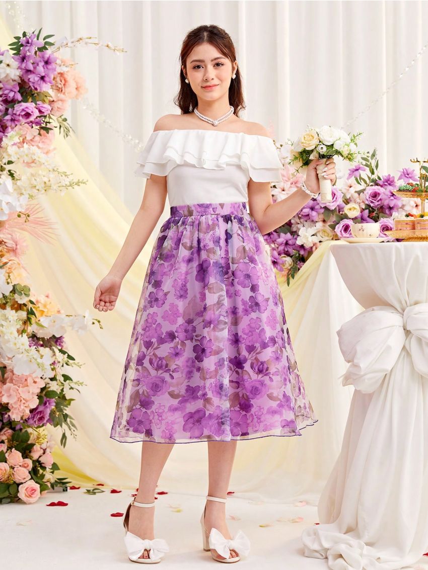 SHEIN Teen Girl's Double Layered Ruffle Trim Off Shoulder Top & Floral Pattern Organdy Skirt Set