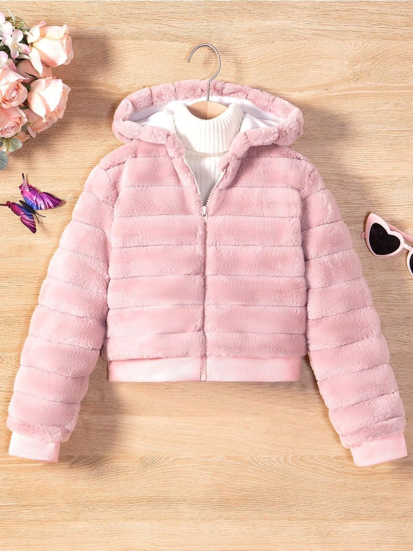Tween Girl 1pc Zipper Hooded Fuzzy Coat