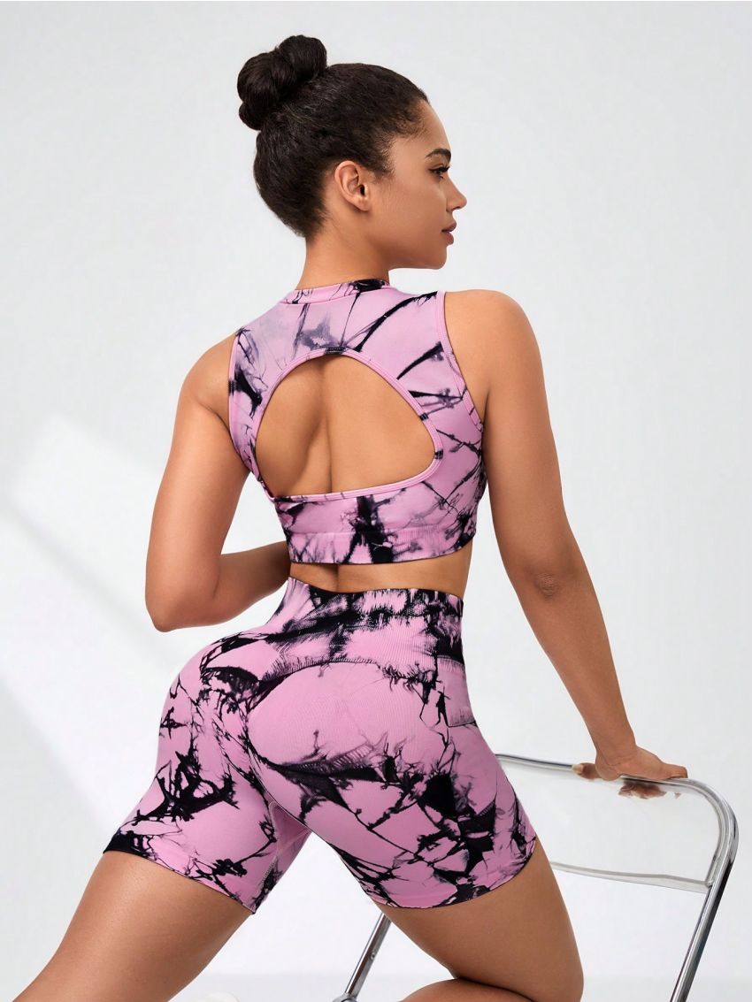 SHEIN Tie-Dye Backless Vest And High Waisted Shorts Set For Women's Sports