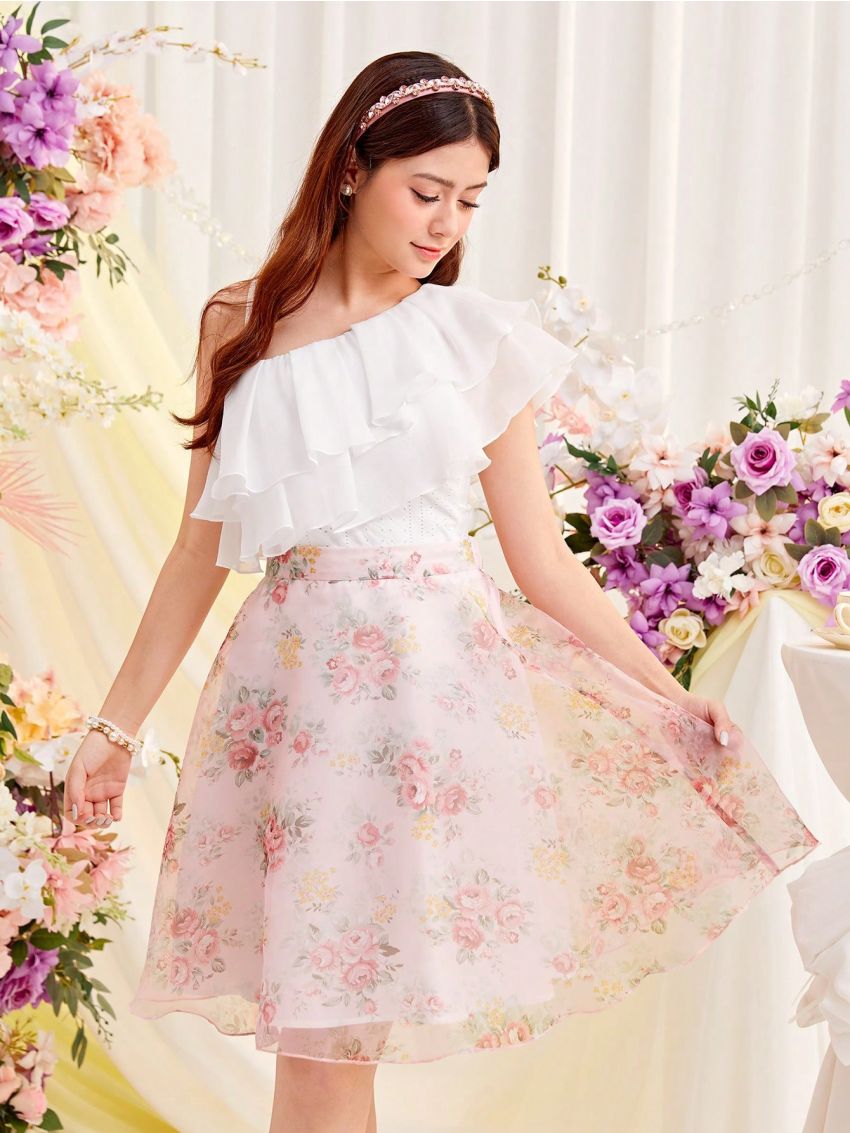 SHEIN Oblique Shoulder Layered Ruffle T-Shirt With Floral Printed Organza Skirt Set