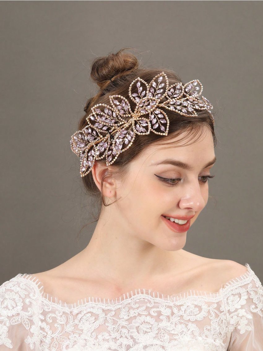 1pc Luxury Crystal Handmade Braided Leaf Colorful Hairband For Brides, Wedding Hair Accessories