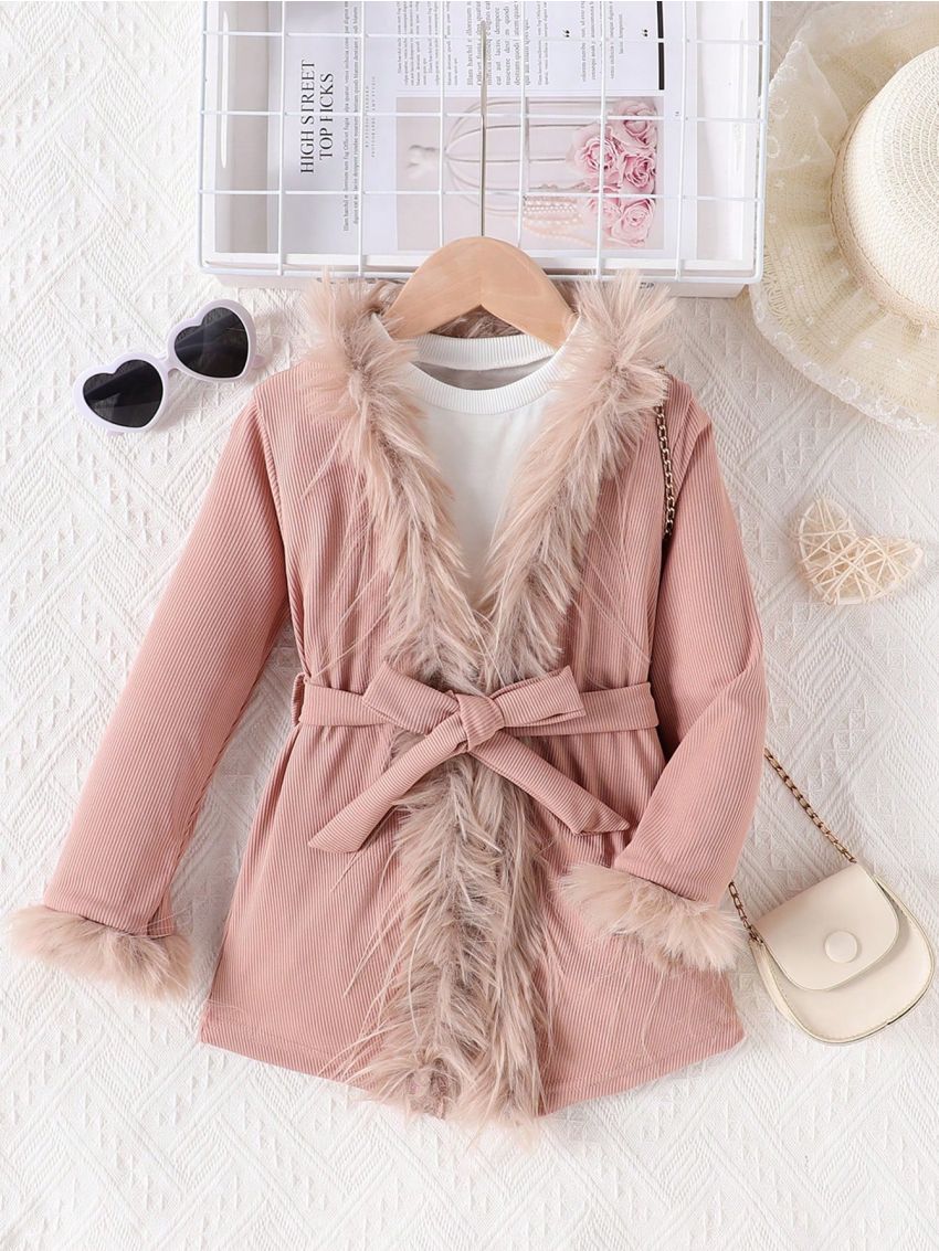 SHEIN Kids EVRYDAY Toddler Girls' Patchwork Plush Trim Front-Zip Jacket