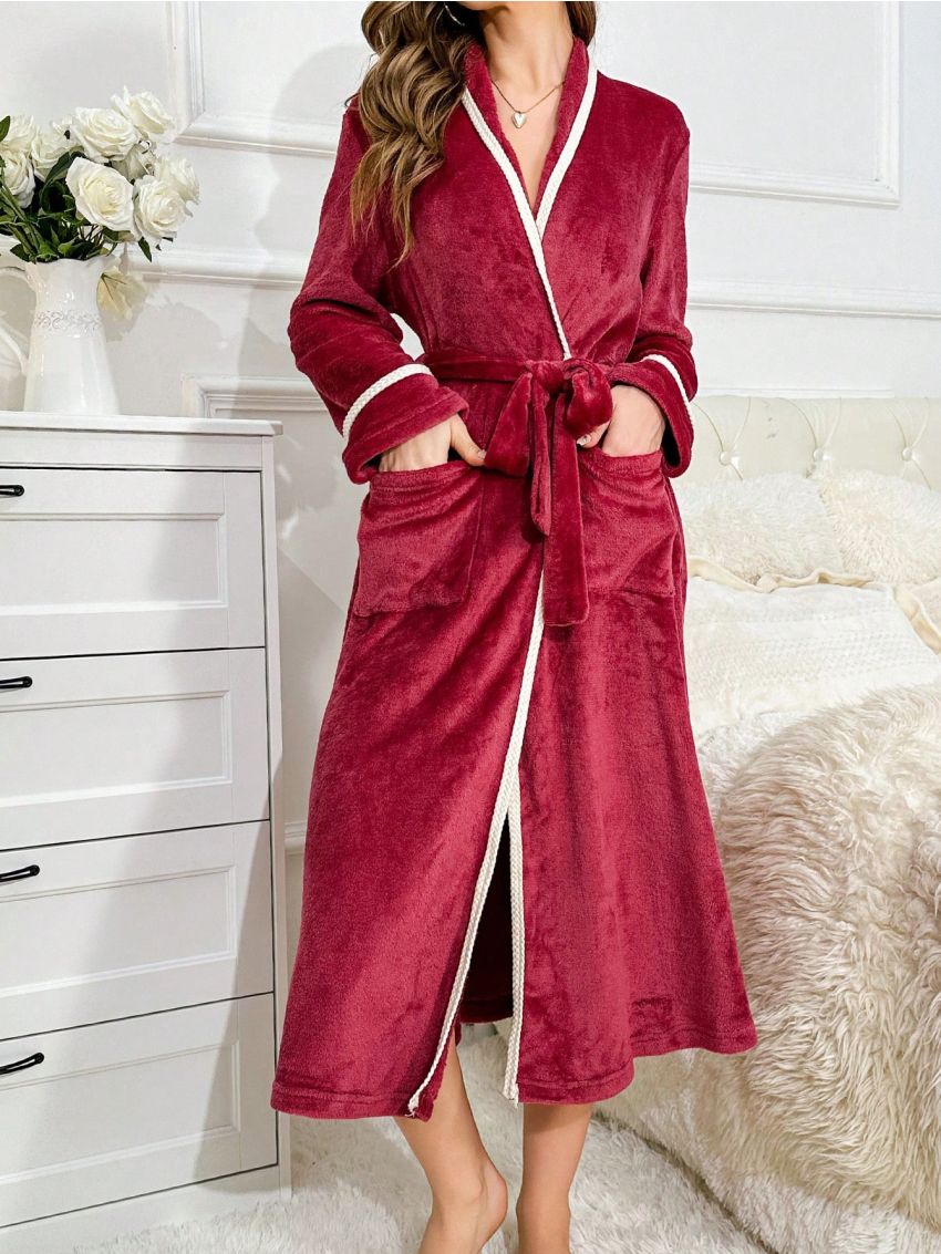 Contrast Binding Belted Flannelette Robe