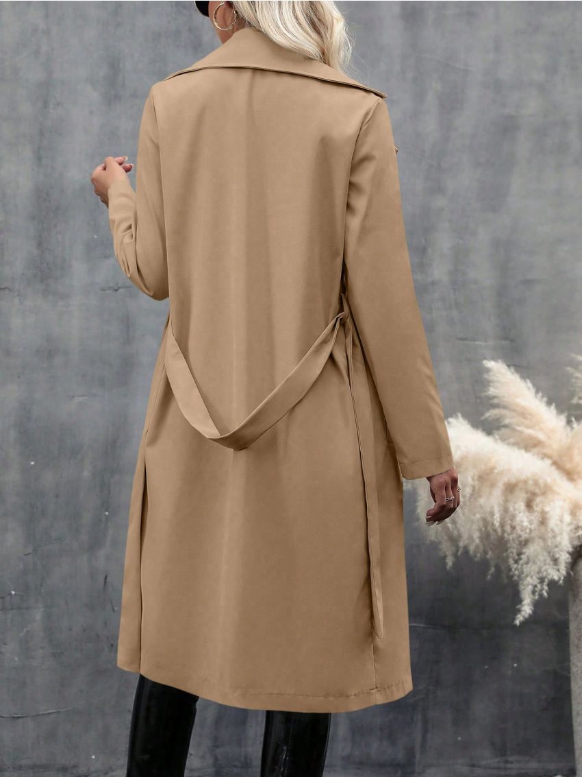 Women's Solid Color Double-breasted Trench Coat With Waist Belt